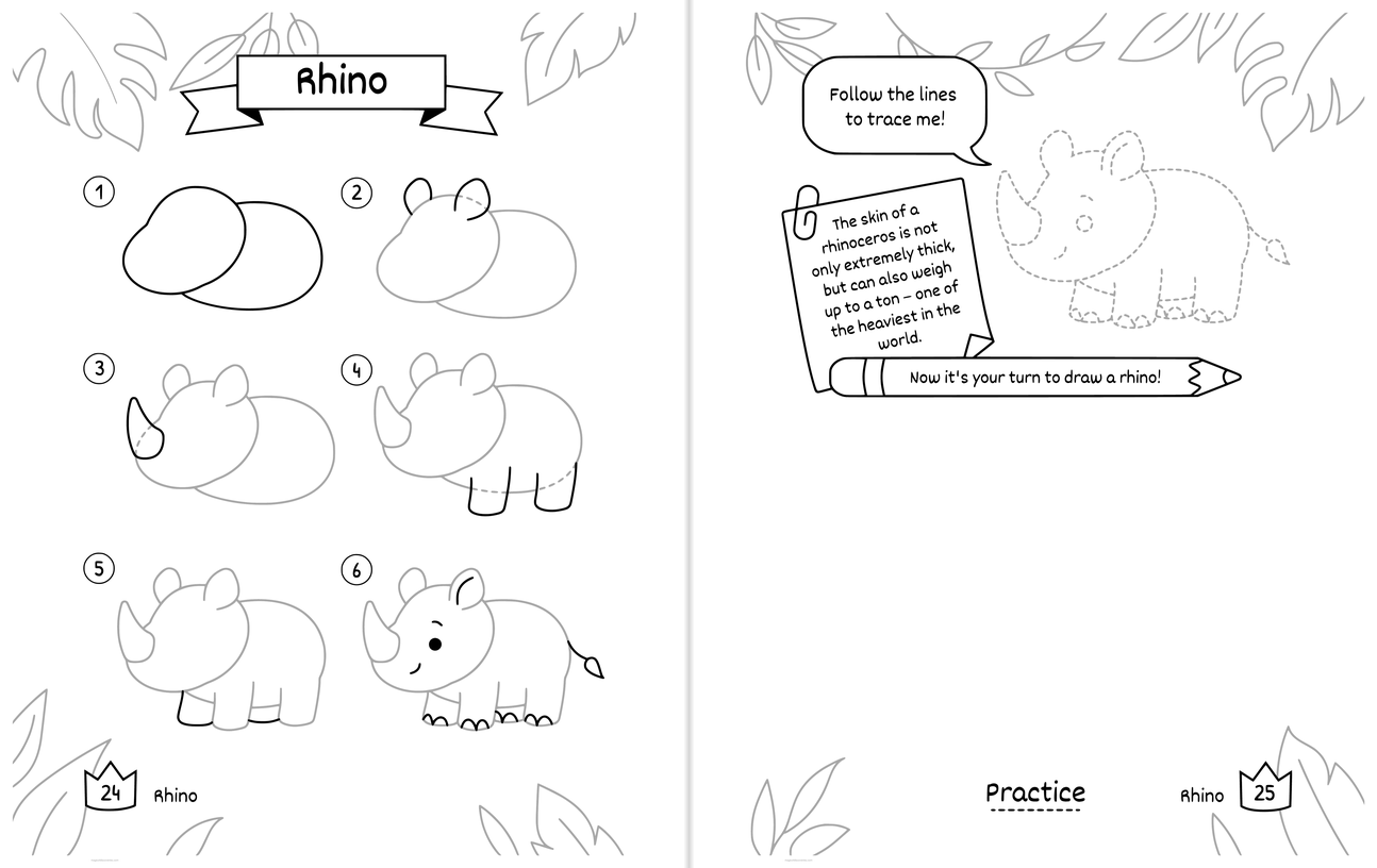 Free printable Rhino drawing pages: numbered steps on the left page, and on the right page a dotted outline to trace with a wide blank space to draw your own
