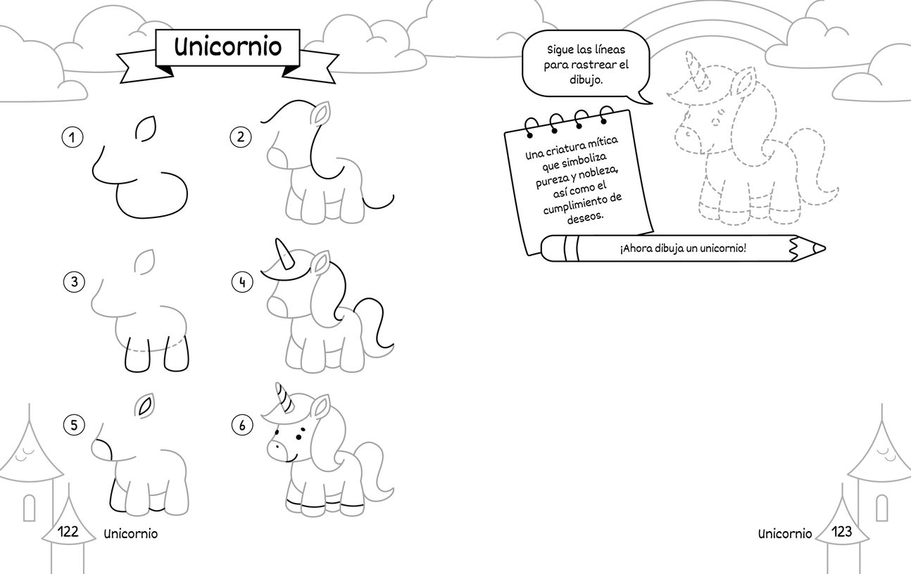 Doble página gratis para imprimir: unicornio paso a paso en la hoja izquierda y, en la derecha, el contorno punteado para repasar y un espacio en blanco para dibujar el propio