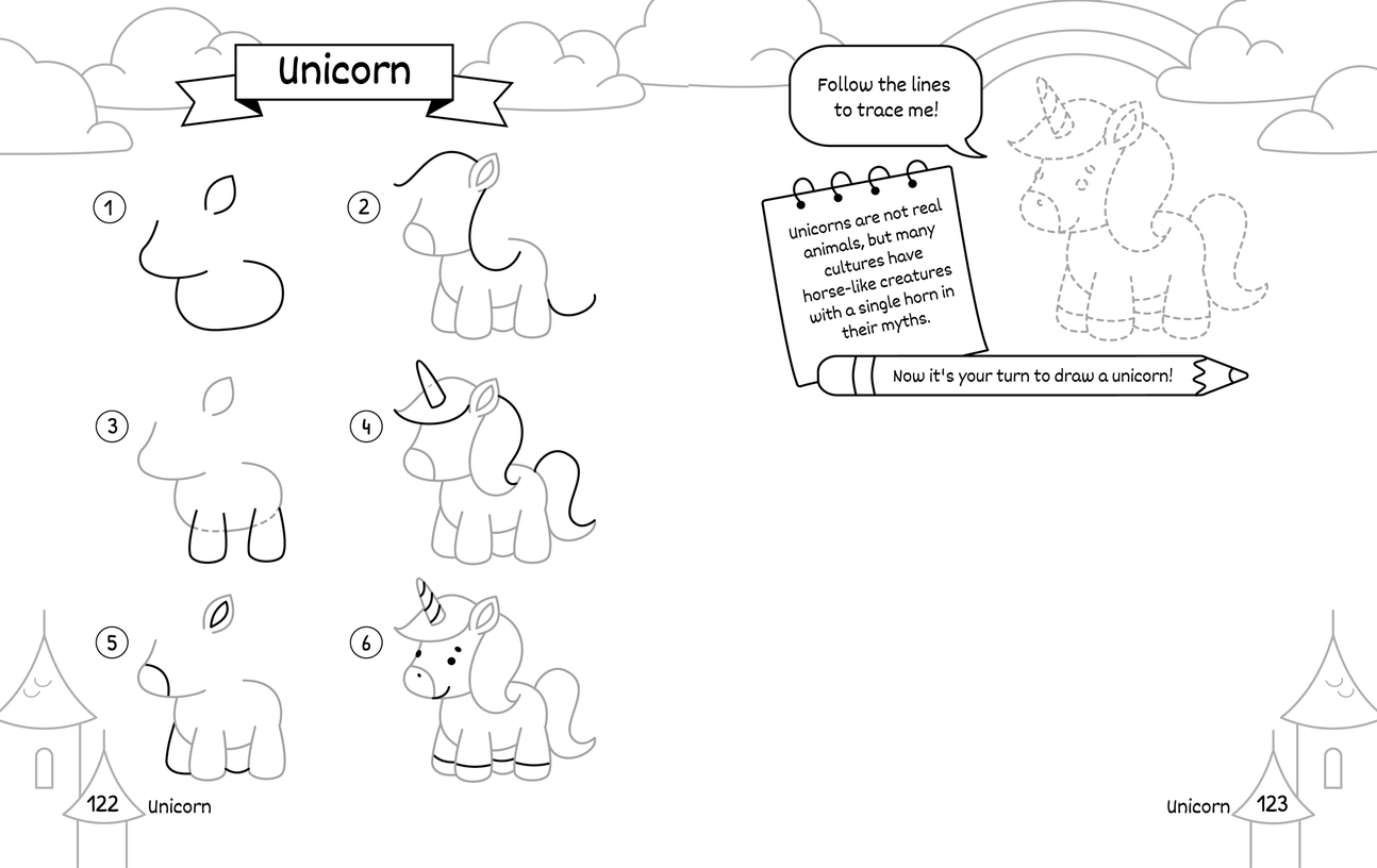 Free printable unicorn drawing spread: numbered steps on the left page, a dotted outline to trace on the right, and a blank space to draw your own