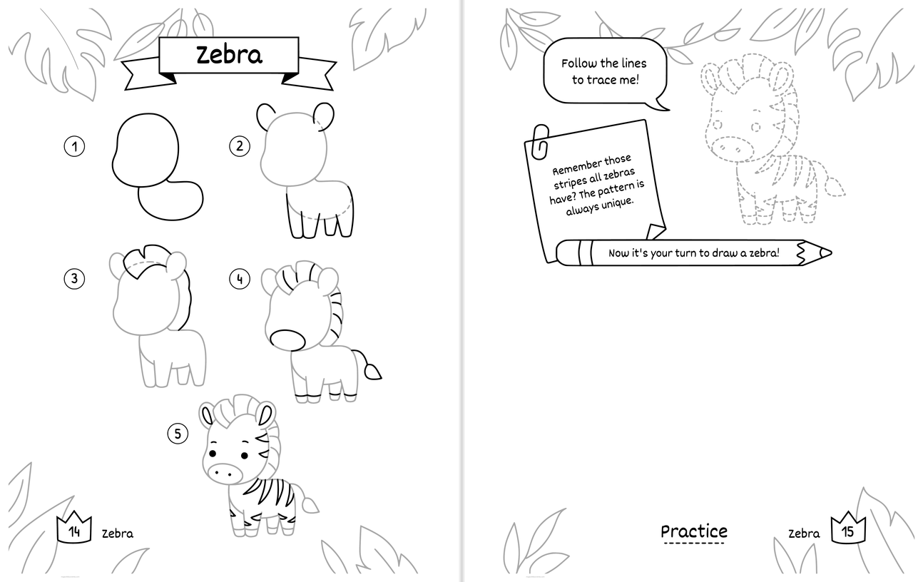 Free printable Zebra drawing pages: numbered steps on the left page, and on the right page a dotted outline to trace with a wide blank space to draw your own