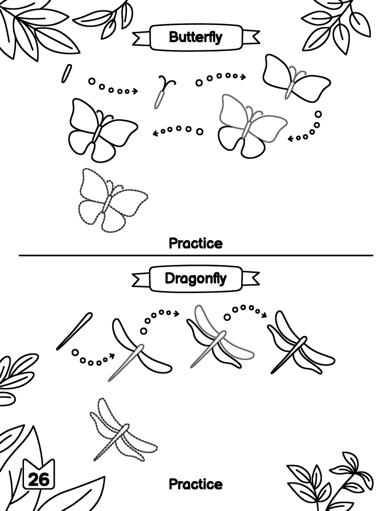 Free printable Butterfly and dragonfly drawing page for kids: simple steps at the top, and below a dotted outline to trace and blank space to draw your own