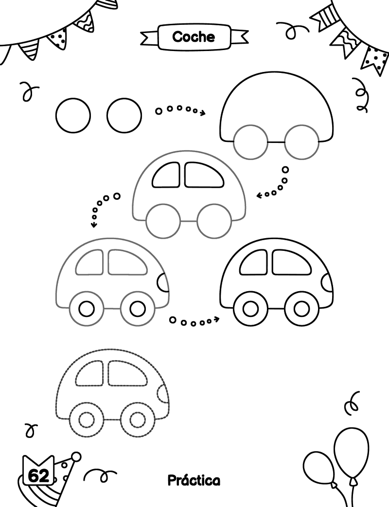 Lámina gratis para imprimir de Coche: pasos sencillos arriba y, debajo, un contorno de puntos para repasar y espacio libre para dibujar el propio
