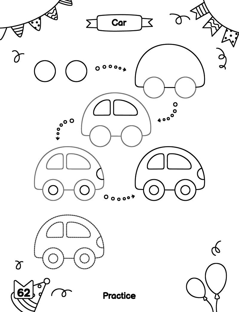 Free printable Car drawing page for kids: simple steps at the top, and below a dotted outline to trace and blank space to draw your own