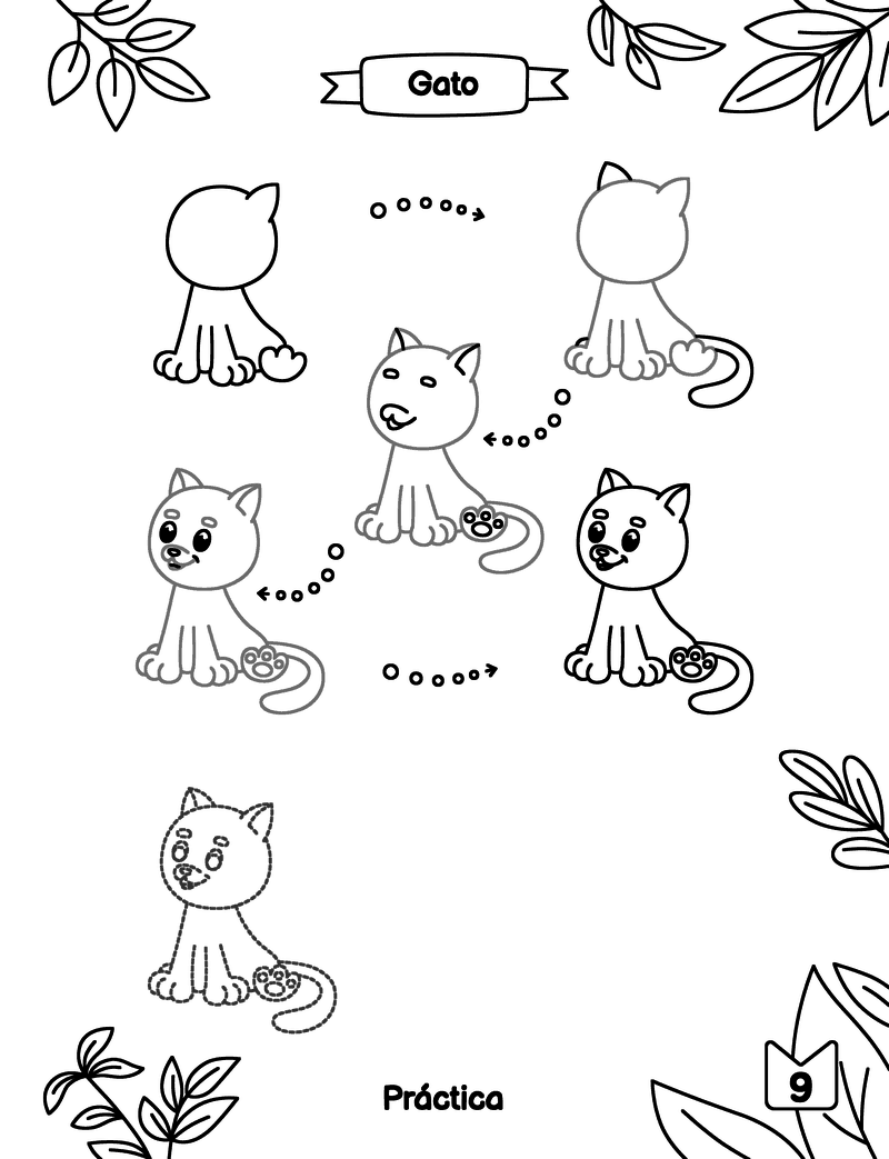 Cómo dibujar un gato fácil para niños. Lámina gratis para imprimir con los pasos, el repaso y espacio para dibujar