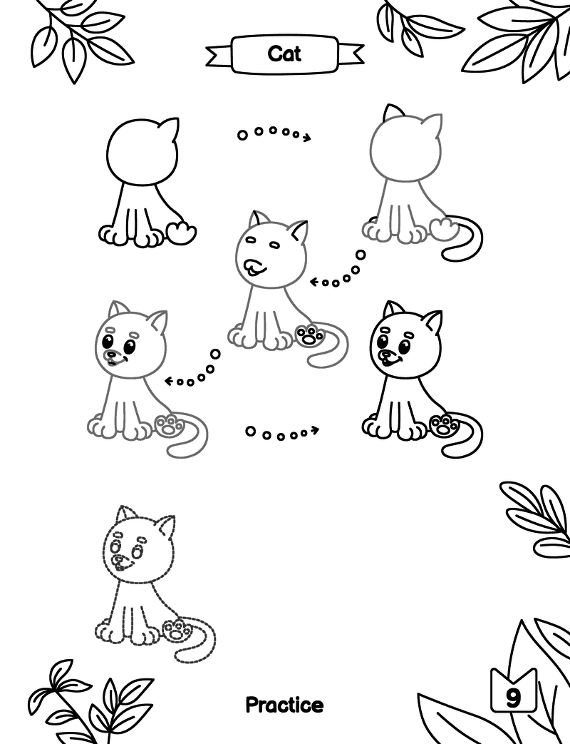 How to draw a cat easy for kids. Free printable page with the steps, tracing, and space to draw your own