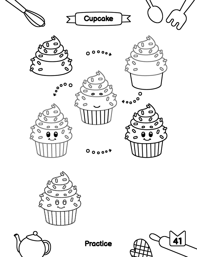Free printable Cupcake drawing page for kids: simple steps at the top, and below a dotted outline to trace and blank space to draw your own