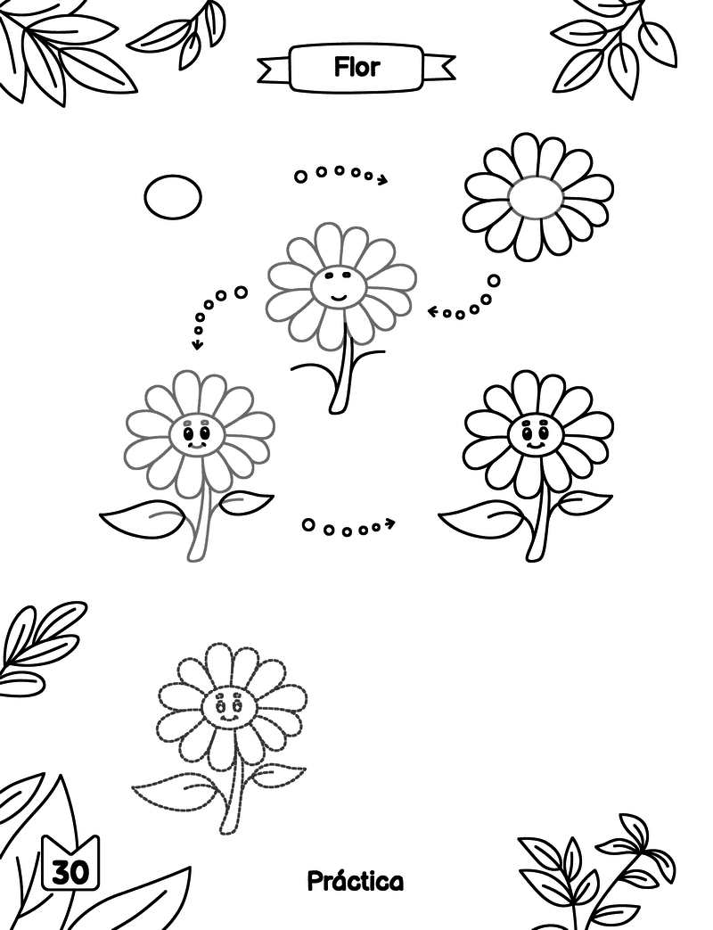 Cómo dibujar una flor fácil para niños. Lámina gratis para imprimir con los pasos, el repaso y espacio para dibujar