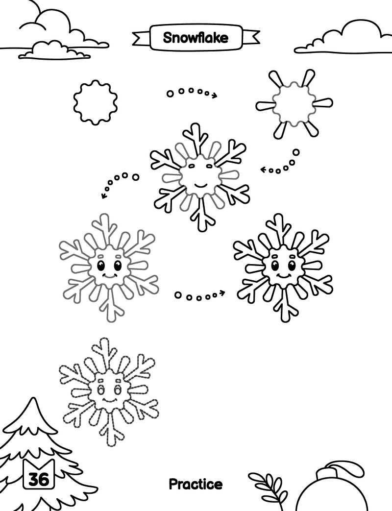Free printable Snowflake drawing page for kids: simple steps at the top, and below a dotted outline to trace and blank space to draw your own