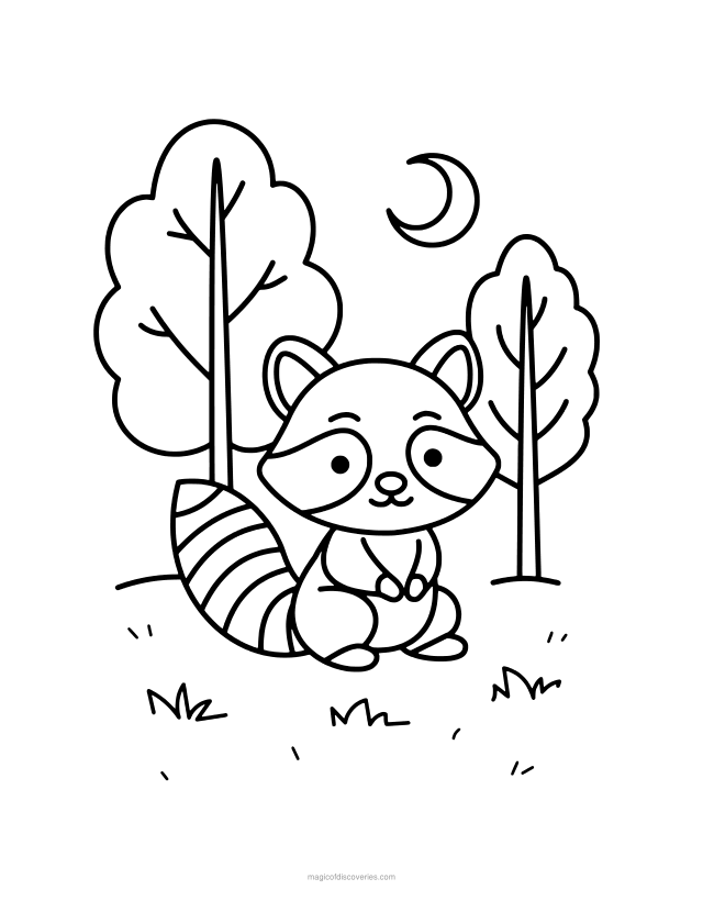 Dibujo de Mapache para colorear gratis para imprimir, para adultos y niños, líneas gruesas y formas amplias, un diseño por página