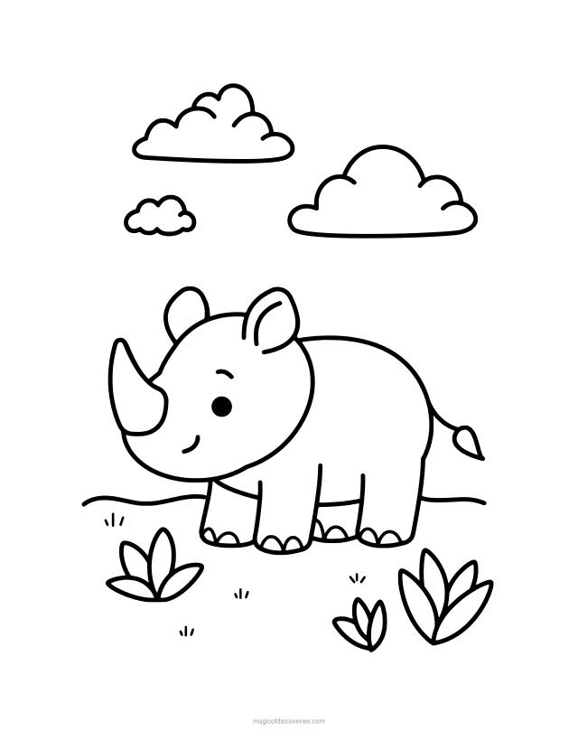 Free printable Rhino coloring page for adults and kids, thick lines and big open shapes, one design per page