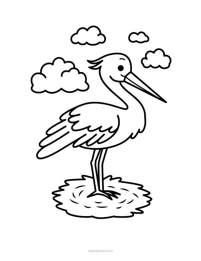 Dibujo de Cigüeña para colorear gratis para imprimir, para adultos y niños, líneas gruesas y formas amplias, un diseño por página
