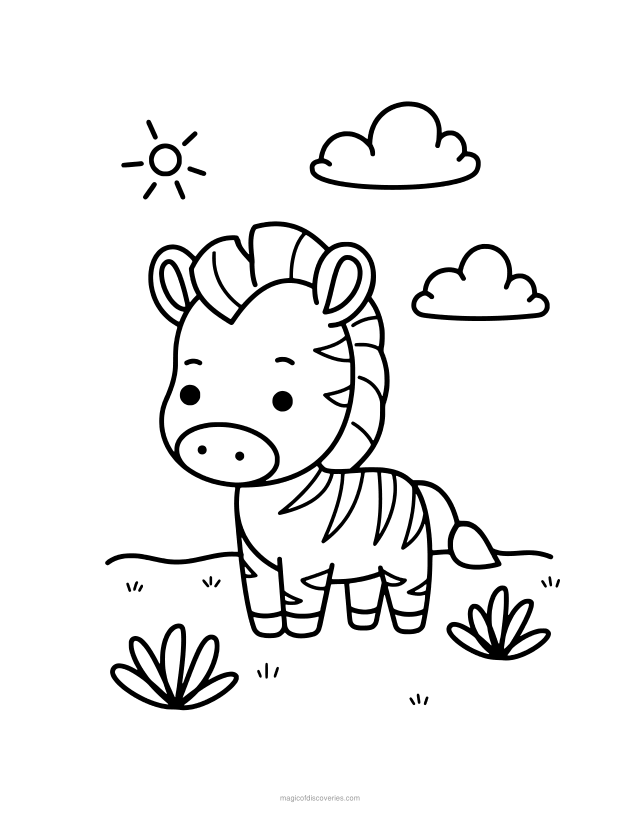 Free printable Zebra coloring page for adults and kids, thick lines and big open shapes, one design per page