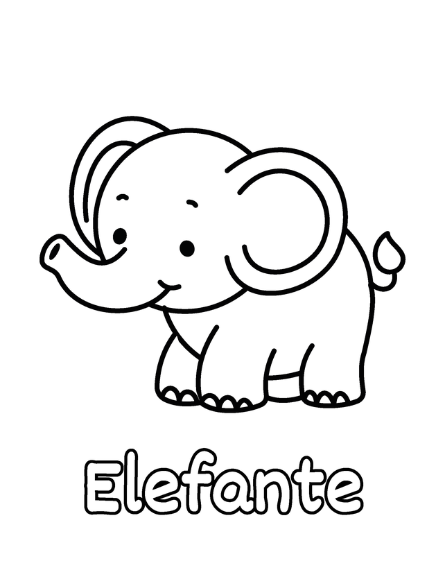 Dibujo de Elefante para colorear gratis para imprimir, contornos gruesos, un animal por página, con el nombre en español