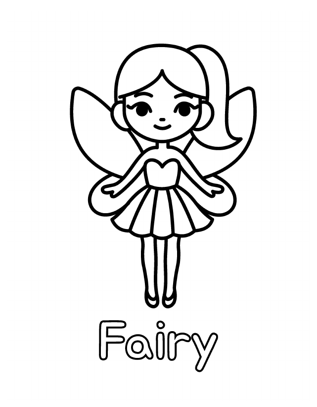 Free printable Fairy coloring page for toddlers, thick outlines, one animal per page