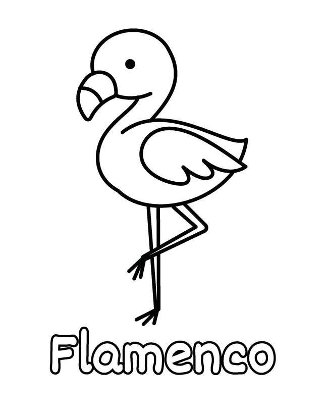 Dibujo de Flamenco para colorear gratis para imprimir, contornos gruesos, un animal por página, con el nombre en español
