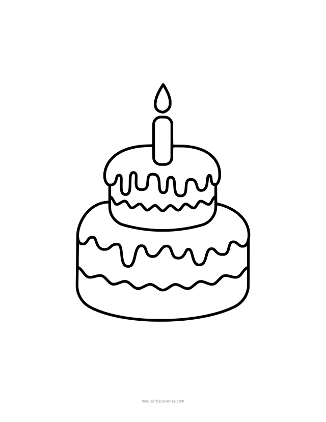 Free printable Birthday cake food coloring page for adults and kids, thick lines and big simple shapes, one design per page