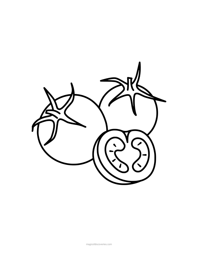 Free printable Tomatoes food coloring page for adults and kids, thick lines and big simple shapes, one design per page