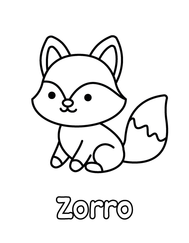 Dibujo de Zorro para colorear gratis para imprimir, contornos gruesos, un animal por página, con el nombre en español