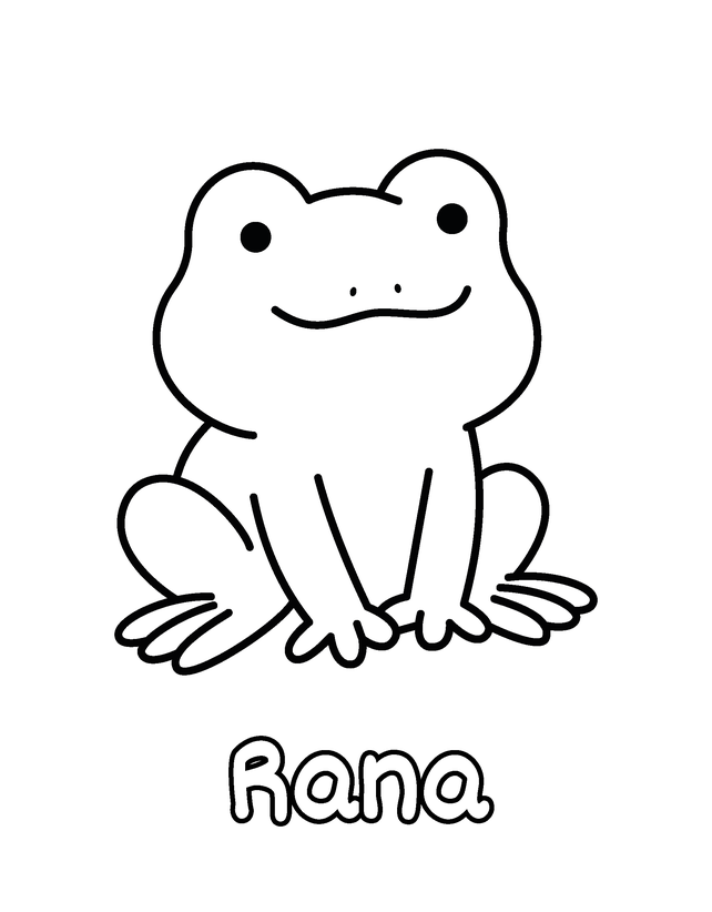 Dibujo de Rana para colorear gratis para imprimir, contornos gruesos, un animal por página, con el nombre en español