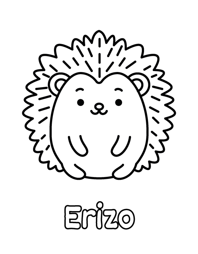 Dibujo de Erizo para colorear gratis para imprimir, contornos gruesos, un animal por página, con el nombre en español