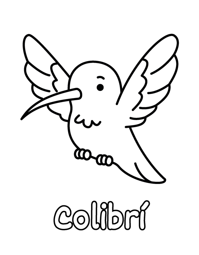 Dibujo de Colibrí para colorear gratis para imprimir, contornos gruesos, un animal por página, con el nombre en español