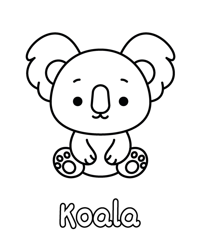 Dibujo de Koala para colorear gratis para imprimir, contornos gruesos, un animal por página, con el nombre en español
