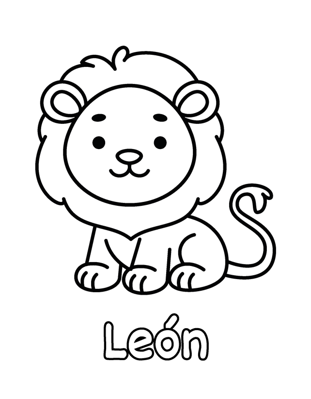 Dibujo de León para colorear gratis para imprimir, contornos gruesos, un animal por página, con el nombre en español