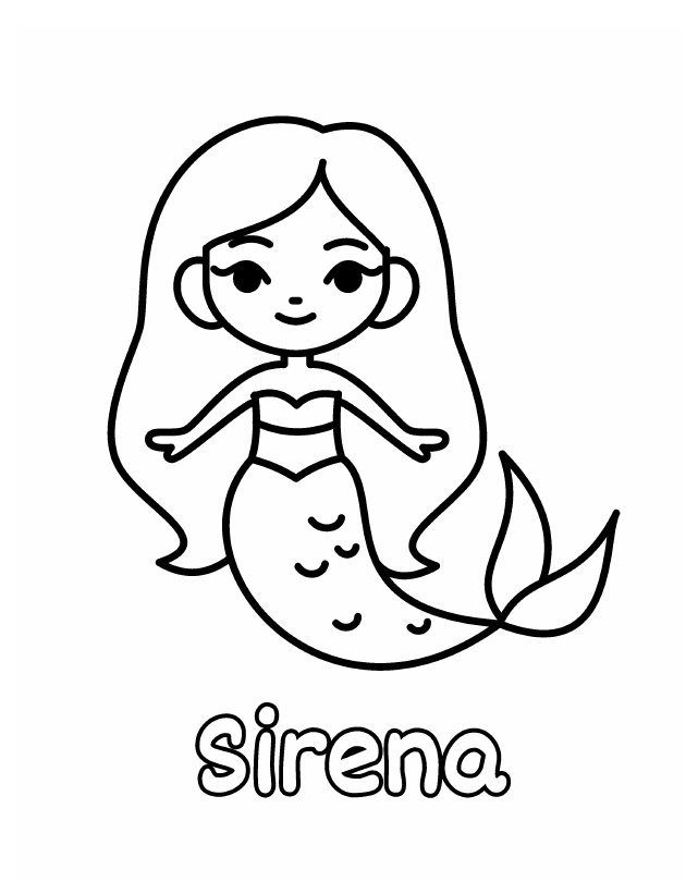 Dibujo de Sirena para colorear gratis para imprimir, contornos gruesos, un animal por página, con el nombre en español