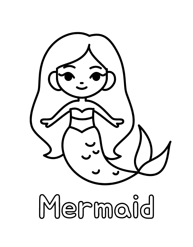 Free printable Mermaid coloring page for toddlers, thick outlines, one animal per page