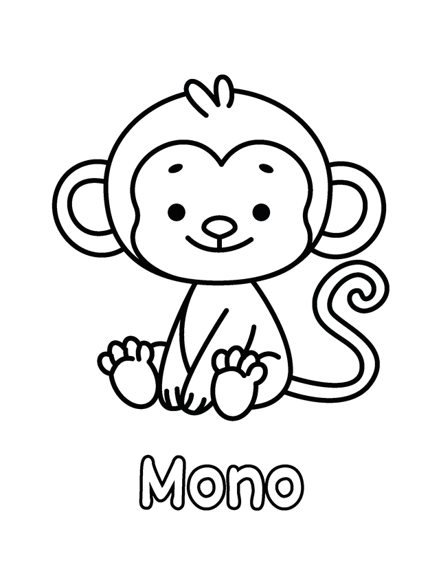Dibujo de Mono para colorear gratis para imprimir, contornos gruesos, un animal por página, con el nombre en español