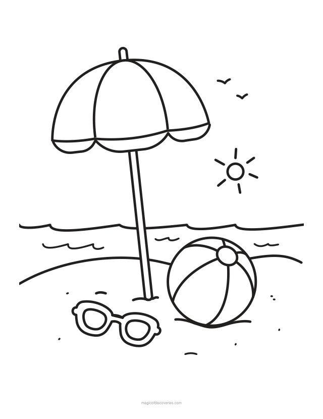 Free printable Beach umbrella ocean coloring page for adults and kids, thick lines and wide open water, one design per page