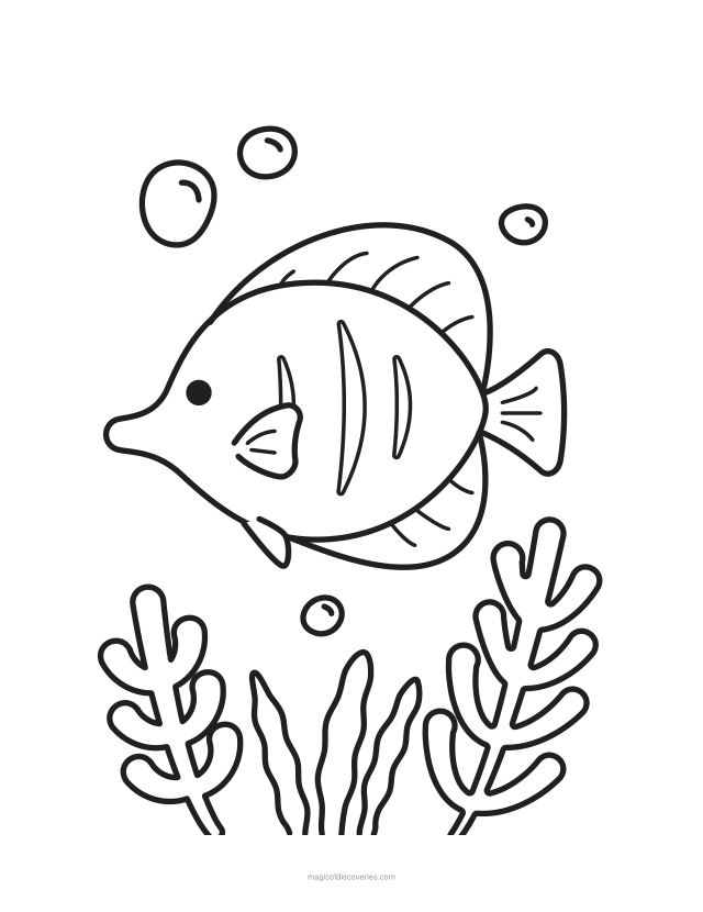 Dibujo marino de Pez tropical para colorear gratis para imprimir, para adultos y niños, líneas gruesas y mucho espacio abierto, un diseño por página