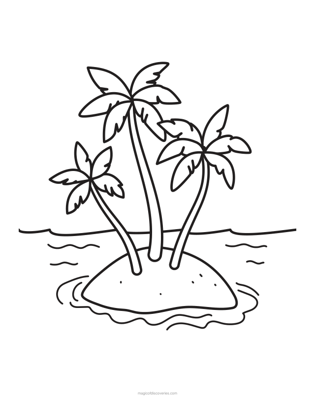 Dibujo marino de Isla con palmeras para colorear gratis para imprimir, para adultos y niños, líneas gruesas y mucho espacio abierto, un diseño por página