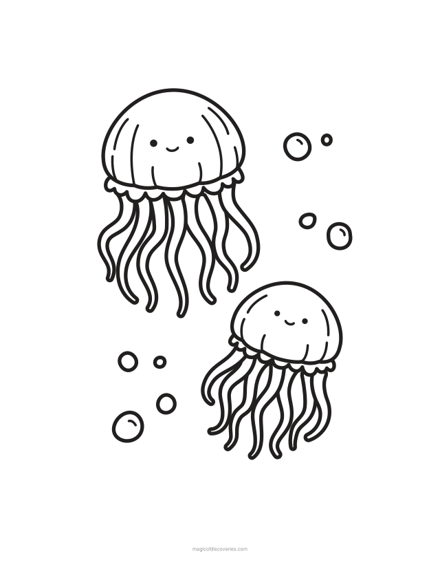 Free printable Jellyfish ocean coloring page for adults and kids, thick lines and wide open water, one design per page