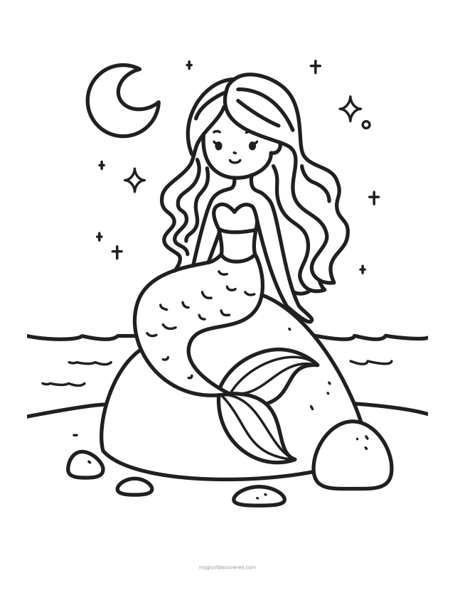 Free printable Mermaid ocean coloring page for adults and kids, thick lines and wide open water, one design per page