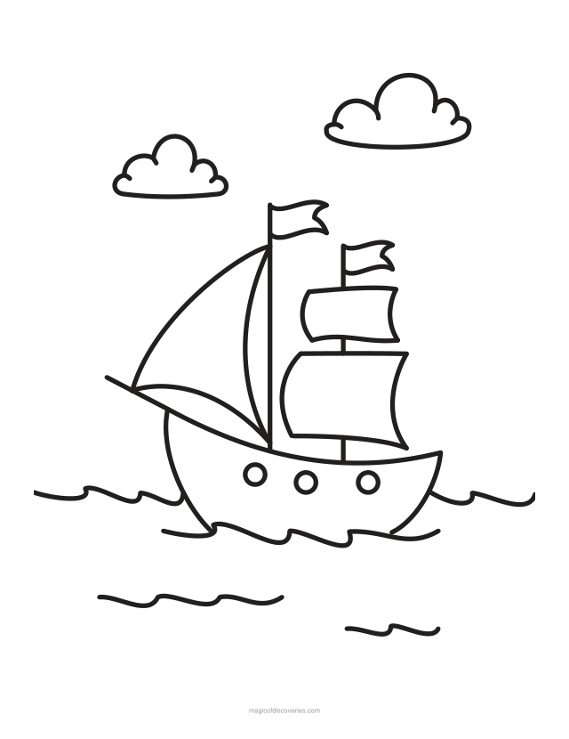 Free printable Sailboat ocean coloring page for adults and kids, thick lines and wide open water, one design per page