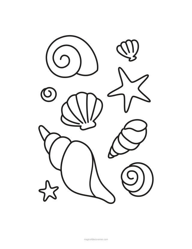 Free printable Shells and starfish ocean coloring page for adults and kids, thick lines and wide open water, one design per page