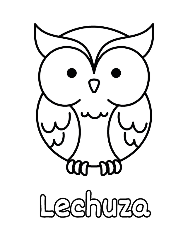Dibujo de Búho para colorear gratis para imprimir, contornos gruesos, un animal por página, con el nombre en español