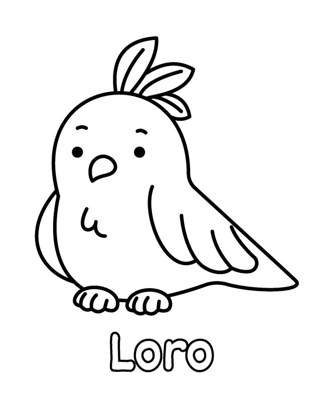 Dibujo de Loro para colorear gratis para imprimir, contornos gruesos, un animal por página, con el nombre en español