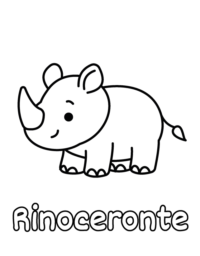 Dibujo de Rinoceronte para colorear gratis para imprimir, contornos gruesos, un animal por página, con el nombre en español