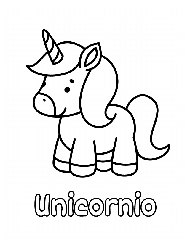 Dibujo de Unicornio para colorear gratis para imprimir, contornos gruesos, un animal por página, con el nombre en español