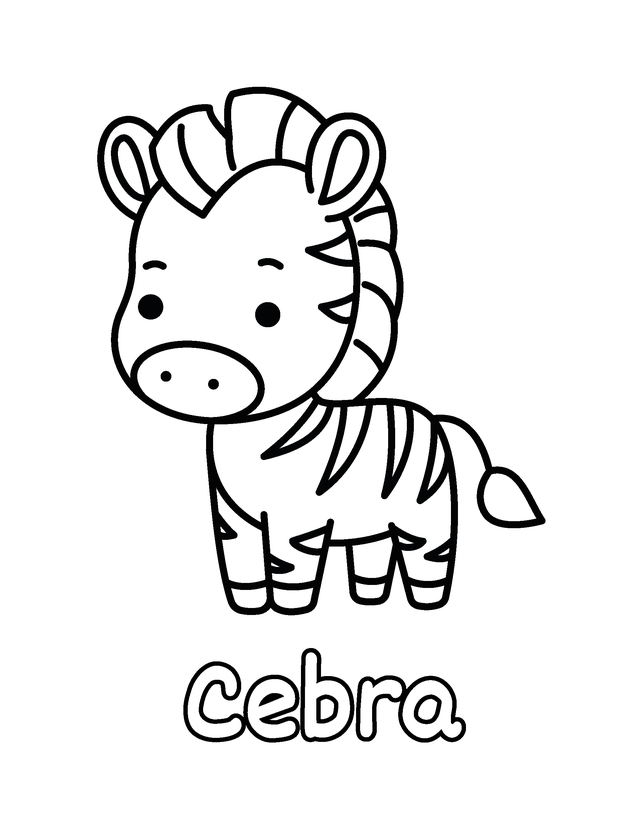 Dibujo de Cebra para colorear gratis para imprimir, contornos gruesos, un animal por página, con el nombre en español
