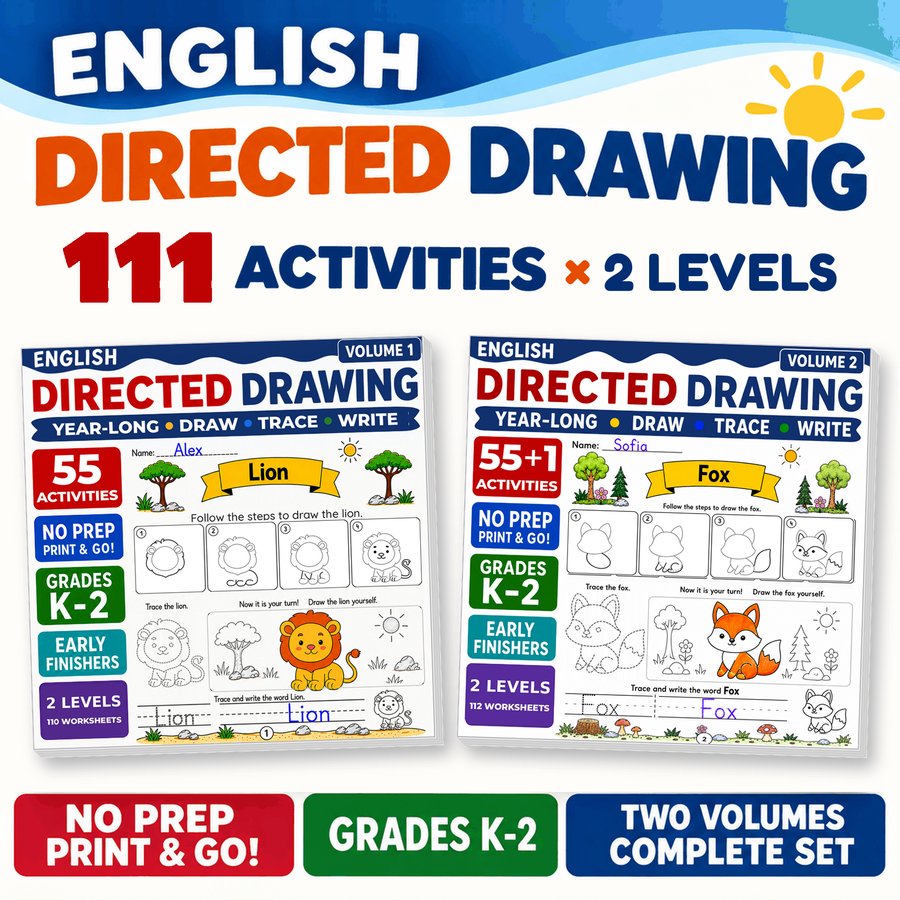 Cover of the English bundle: Volumes 1 and 2 side by side, marked 111 ACTIVITIES × 2 LEVELS, NO PREP, GRADES K-2, TWO VOLUMES COMPLETE SET.