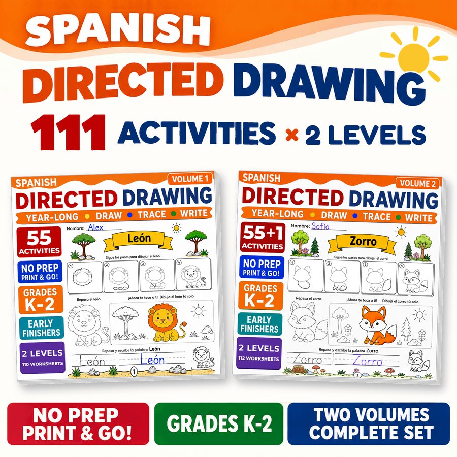 Cover of the Spanish bundle: Volumes 1 and 2 side by side, marked 111 ACTIVITIES × 2 LEVELS, NO PREP, GRADES K-2, TWO VOLUMES COMPLETE SET.