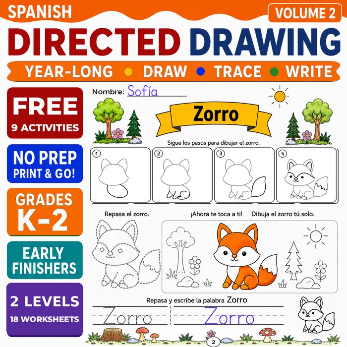 Cover of the free Spanish Volume 2 sample with a fox and the word Zorro, marked FREE 9 ACTIVITIES, 2 LEVELS, 18 WORKSHEETS.