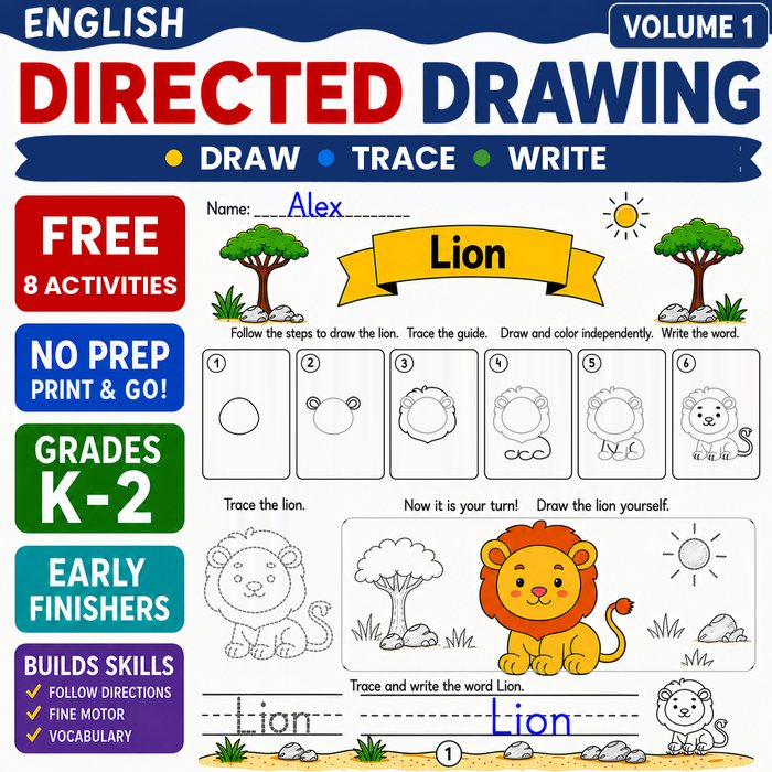 Cover of the free 8-activity sample: an English directed drawing page with a lion, marked FREE, 8 ACTIVITIES, NO PREP, GRADES K-2.