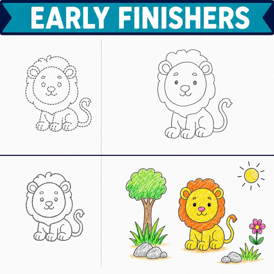Four versions of the same lion drawing: a dashed outline to trace, a plain outline, a lion drawn independently, and a finished lion colored in with a tree, grass and a flower added around it.