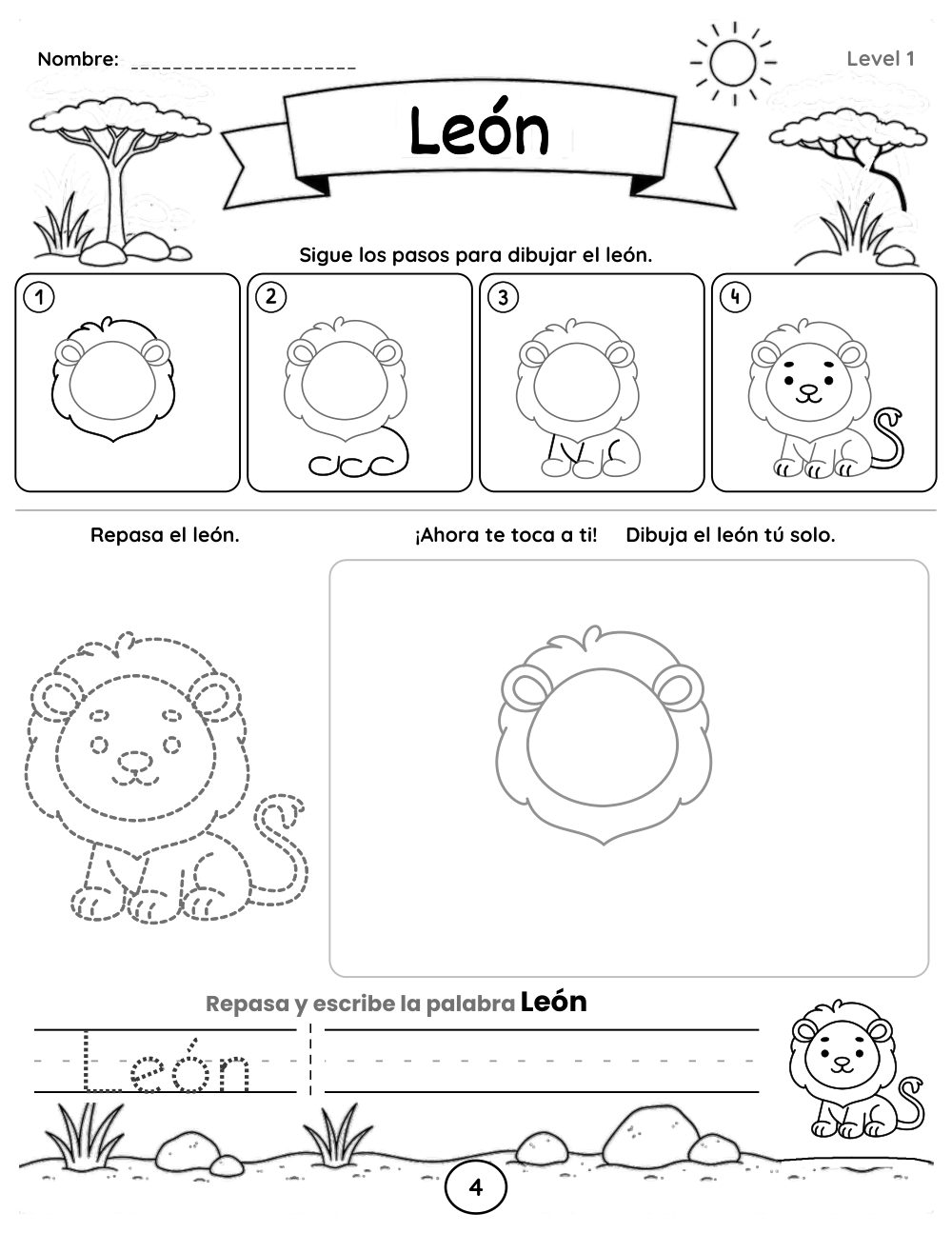 Ficha de nivel 1: cuatro recuadros numerados construyen un león, con una forma inicial en gris claro en el espacio de dibujo y la palabra León para repasar y escribir.