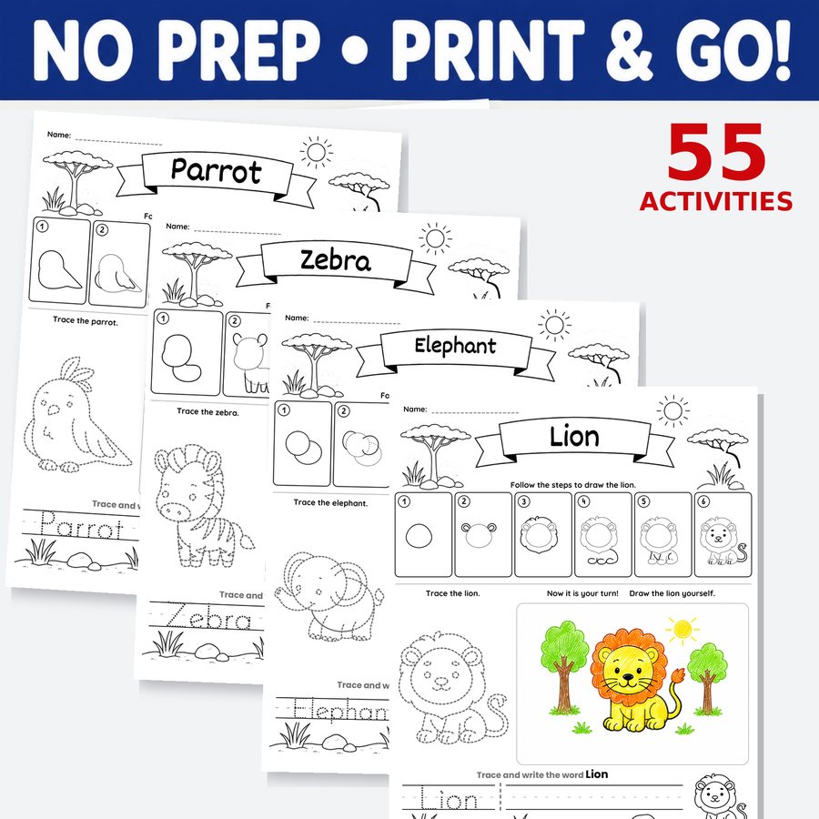 Four printed directed drawing worksheets fanned out, showing a parrot, a zebra, an elephant and a lion, under a banner reading No Prep, Print and Go, 55 activities.