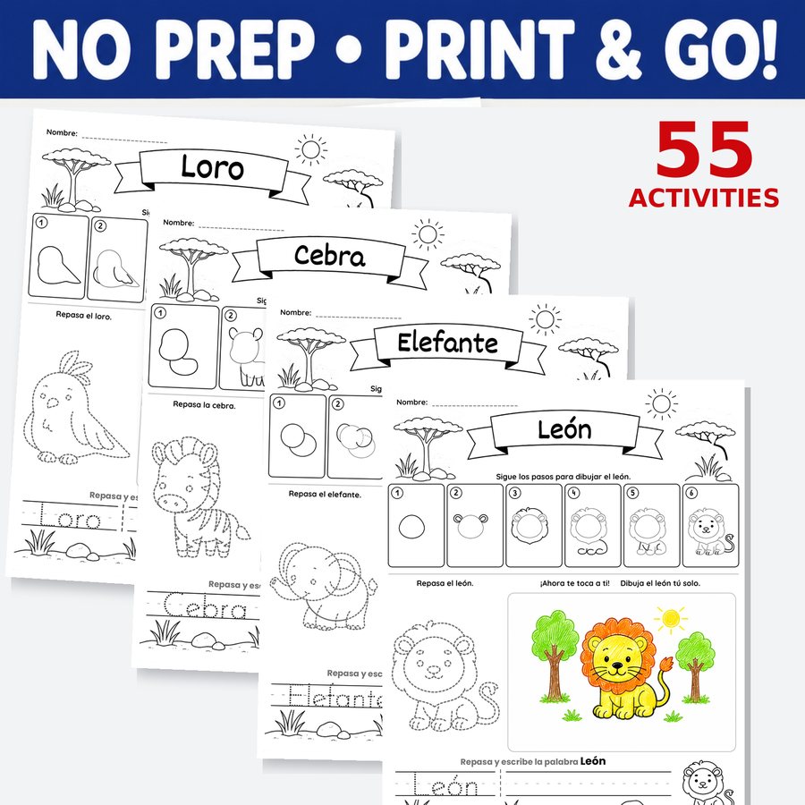 Cuatro hojas de dibujo dirigido impresas y superpuestas, con un loro, una cebra, un elefante y un león, bajo un rótulo que dice sin preparación, imprime y reparte, 55 actividades.